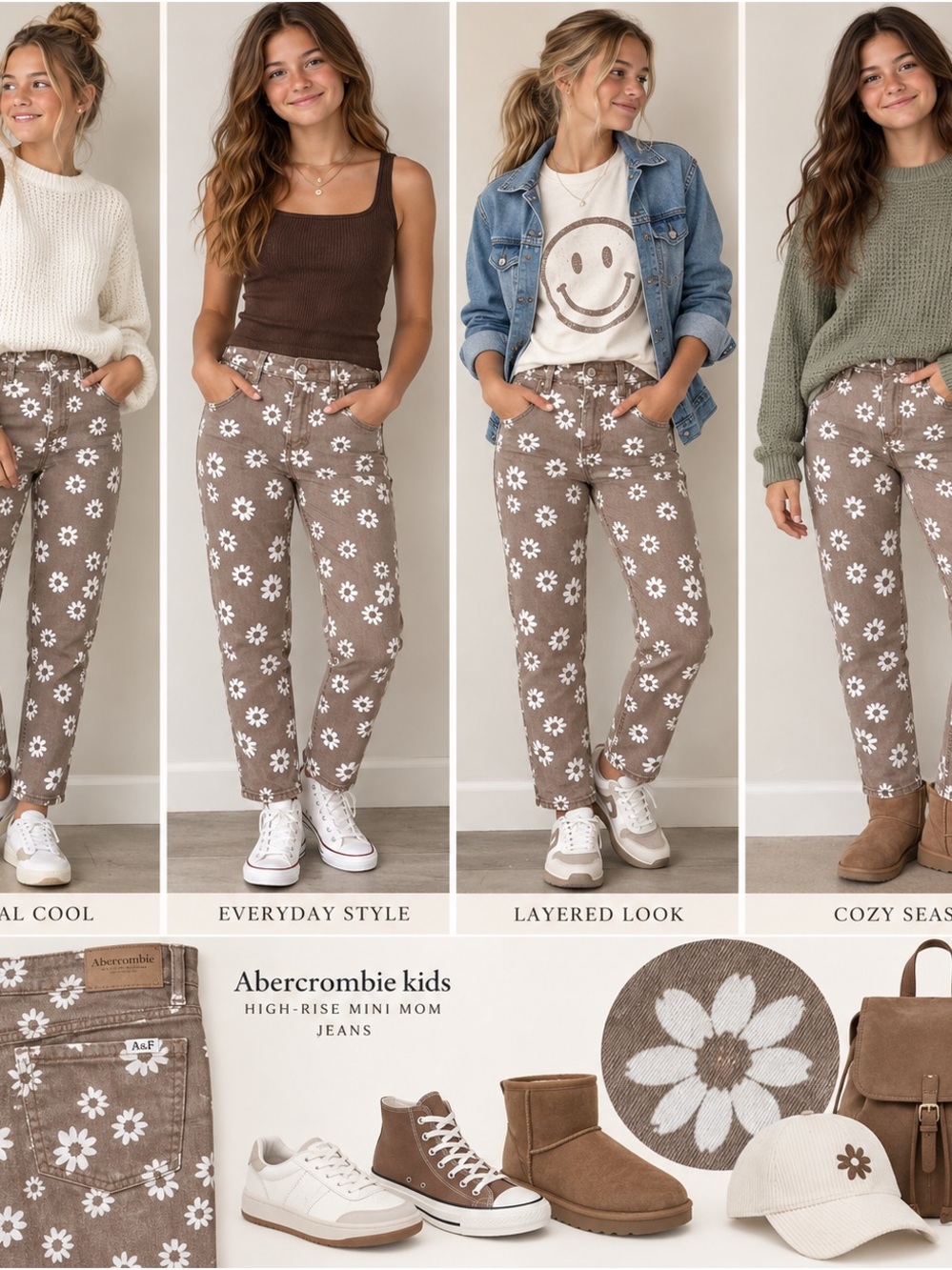 abercrombie kids Taupe Straight-Leg Jeans with White Daisy Print